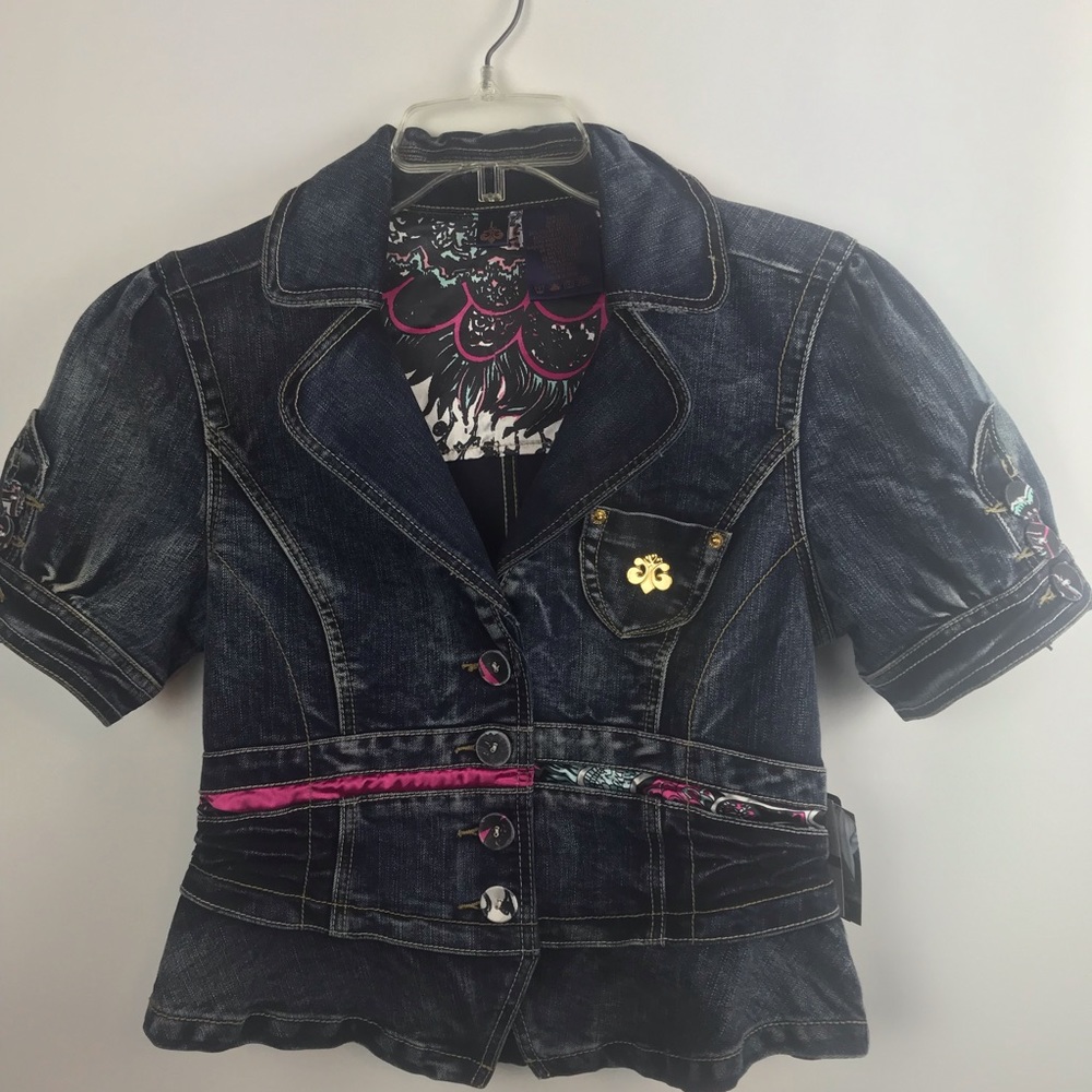 Dereon Dark Blue Denim Jean Jacket with Pink Accents